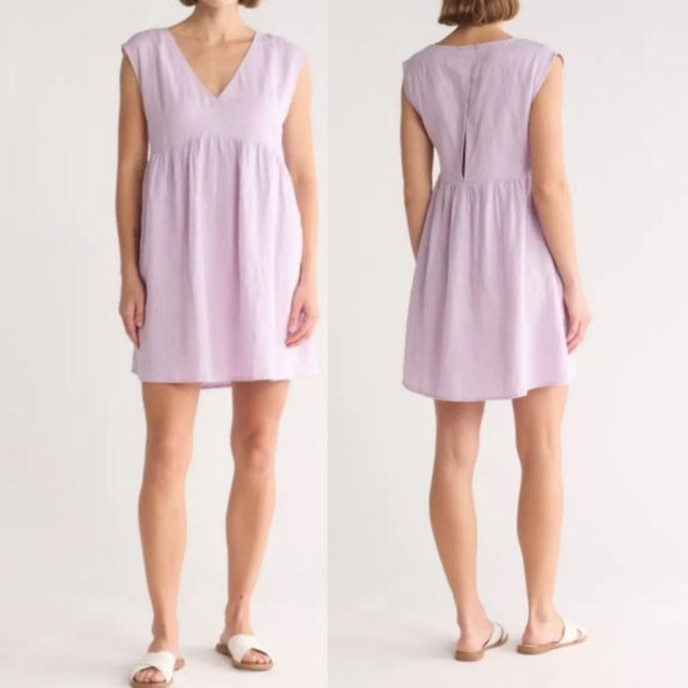 Madewell Linen Dress Size S Pockets Babydoll Lilac Mini Pleated Oversized Coasta